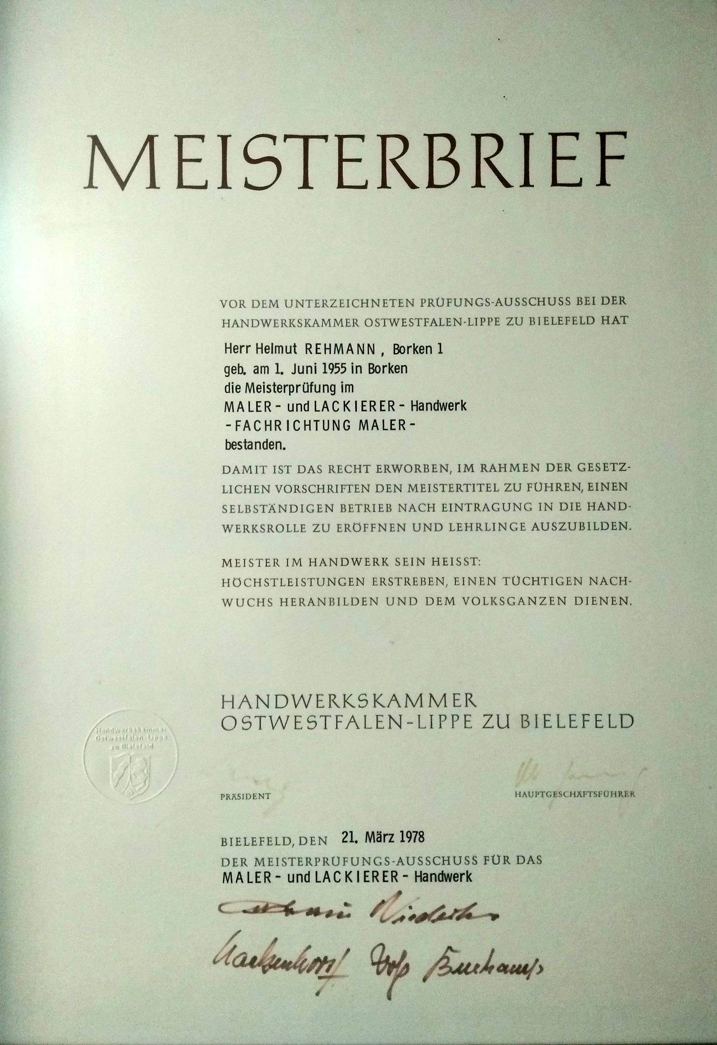 Meisterbrief Helmut Rehmann