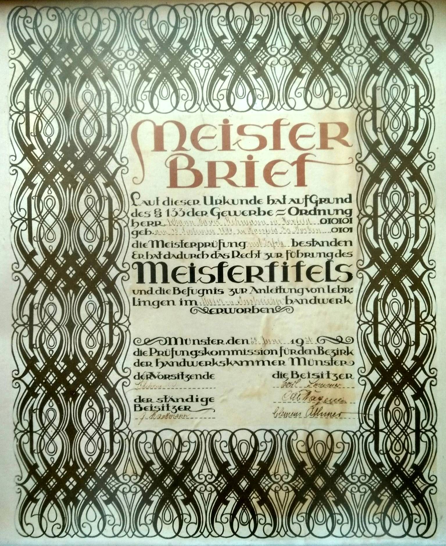 Meisterbrief Xaver Rehmann